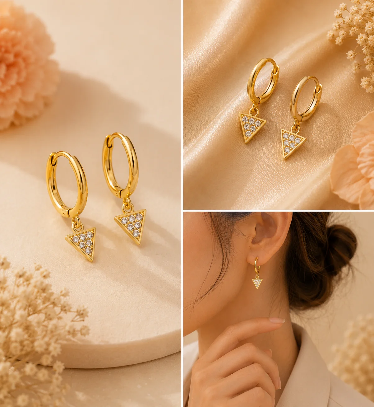 Gold Hoop CZ Triangle Charm Earrings